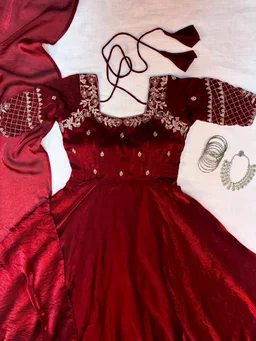 Velvet Grace – Premium Embroidery Sequence Gown with Dupatta - 3XL, Maroon