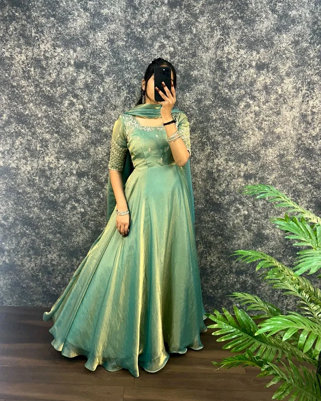 Velvet Grace – Premium Embroidery Sequence Gown with Dupatta - 3XL, Pista