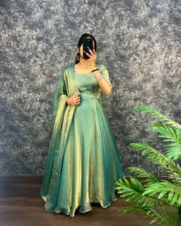 Velvet Grace – Premium Embroidery Sequence Gown with Dupatta - 3XL, Pista