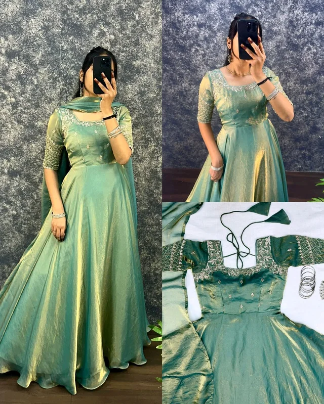 Velvet Grace – Premium Embroidery Sequence Gown with Dupatta - 3XL, Pista