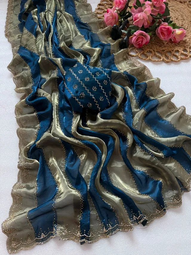 VARNIKA Varnika - Elegant Space Silk Saree with Jarkhan Work - Navy Blue