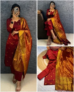 Diya – Premium Banarasi Silk 3-Piece Set - S, Maroon