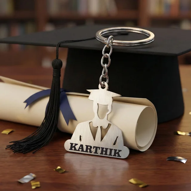 Personalised name metal graduate boy keychain