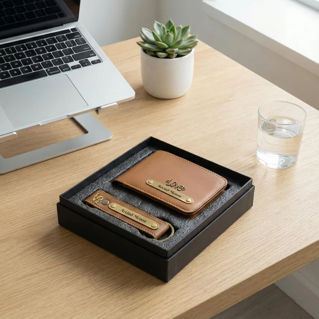 Personalized Combo Leather Mens wallet and keychain with name and charms