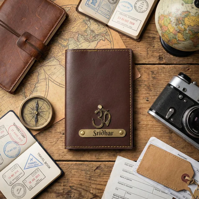 Personalized Leather passport cover with name and charms