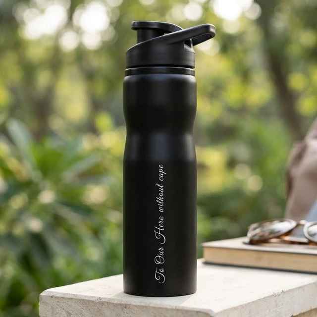 Personalised Matte Black Stainless Steel Sipper Water Bottle (500ml) with Name Engraved