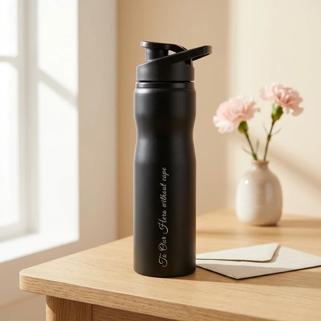Personalised Matte Black Stainless Steel Sipper Water Bottle (500ml) with Name Engraved