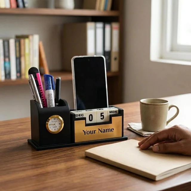 Premium Personalized Office Desk Organizer with Analog Clock