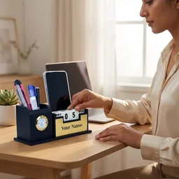Premium Personalized Office Desk Organizer with Analog Clock