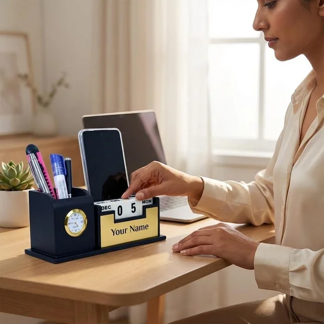 Premium Personalized Office Desk Organizer with Analog Clock