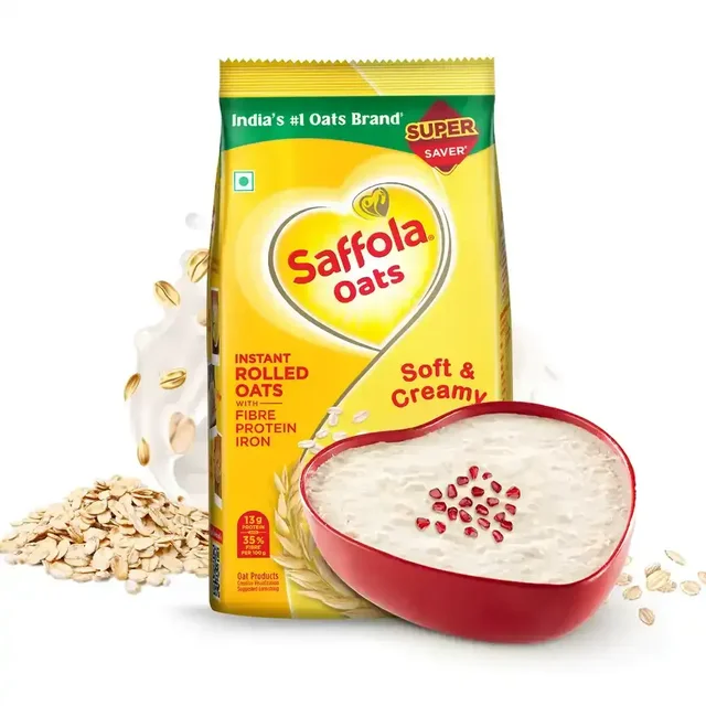 Saffola Oats, Instant Rolled Oats, Soft & Creamy Oats, Power of Protein, Iron & Fibre - 500 g