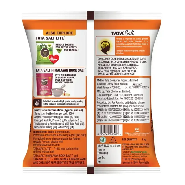 Tata Salt, Free Flowing and Iodised Namak, Vacuum Evaporated, Salt in Fresh - 1 kg