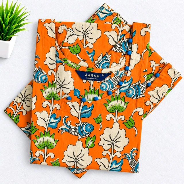 Aaram Kalamkari Cotton Kurti Side Open