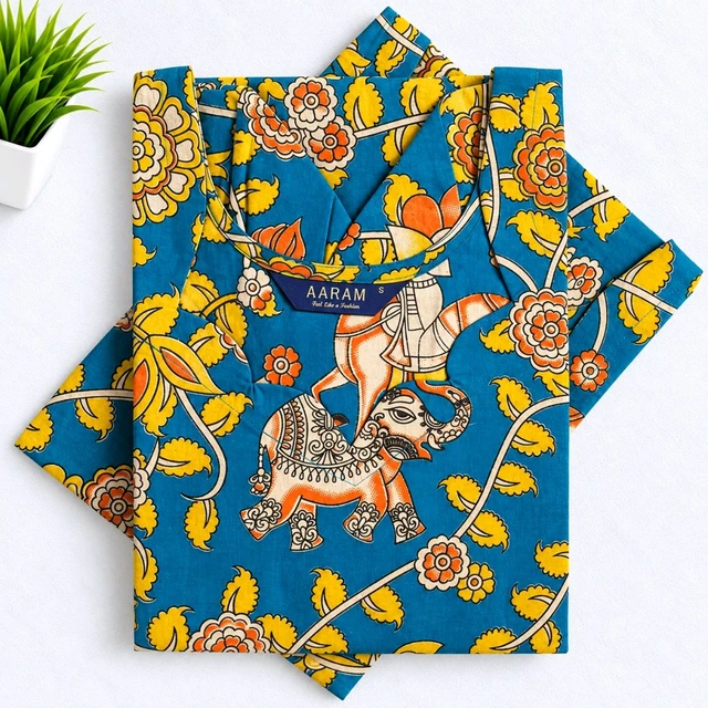 Aaram Kalamkari Cotton Kurti Side Open,