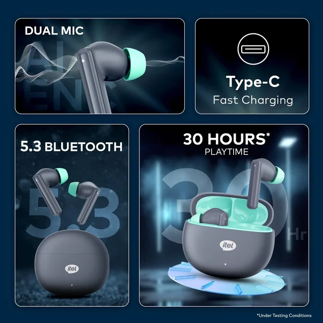 Itel Rhythm with 360° Deep Bass, 10mm Dynamic Driver, AI ENC for Clear Calls, 30H Playtime, Fast Charging, BT V5.3, IPX5 Water Resistance
