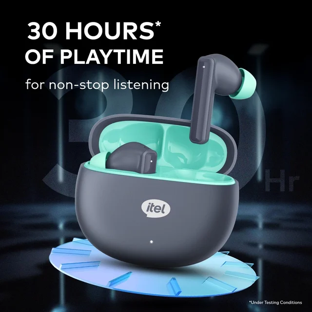 Itel Rhythm with 360° Deep Bass, 10mm Dynamic Driver, AI ENC for Clear Calls, 30H Playtime, Fast Charging, BT V5.3, IPX5 Water Resistance