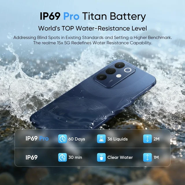 realme 15X 5G Smartphone 8+128GB Marine Blue, 6.8-inch Screen, 144Hz Display,7000mAh Battery, 60W Fast Charging, 50+50MP AI Camera,Dimensity 6300 6nm Octa-core chipset Processor, IP69