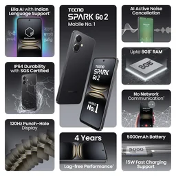 TECNO Spark GO 2 (Ink Black, 4GB+64GB) | Segment 1st IP64 SGS Certified | Segment's 1st AI with Indian Languages | Segment's 1st No Network Communications* | 120Hz Display |5000mAh Battery