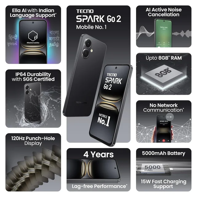 TECNO Spark GO 2 (Ink Black, 4GB+64GB) | Segment 1st IP64 SGS Certified | Segment's 1st AI with Indian Languages | Segment's 1st No Network Communications* | 120Hz Display |5000mAh Battery
