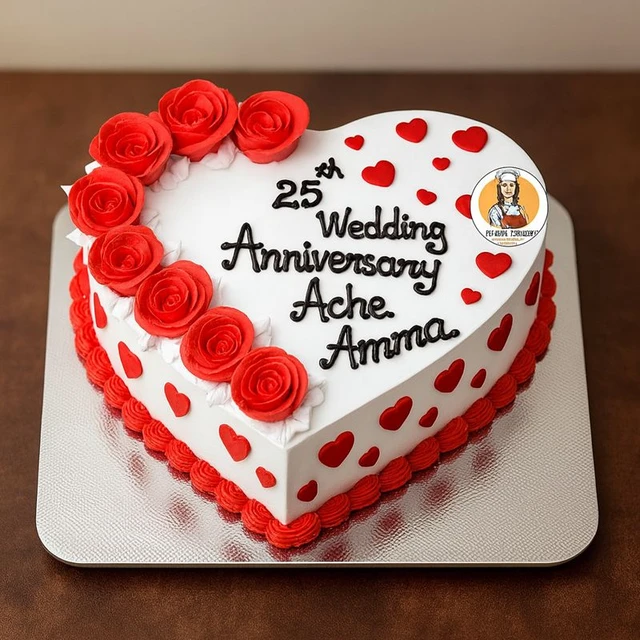 Heart-Shaped Vanilla Flavour Anniversary Cake with Red Roses, enter your name
