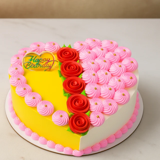 Heart-Shaped Pineapple Flavour Cake with Pink Cream Roses