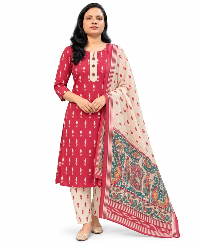 BONCLAIRE Brick Red Cotton Kurta Pant Set with Muslin Dupatta for Women (3-Piece) - XXL, Brick Red