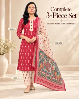 BONCLAIRE Brick Red Cotton Kurta Pant Set with Muslin Dupatta for Women (3-Piece) - XXL, Brick Red