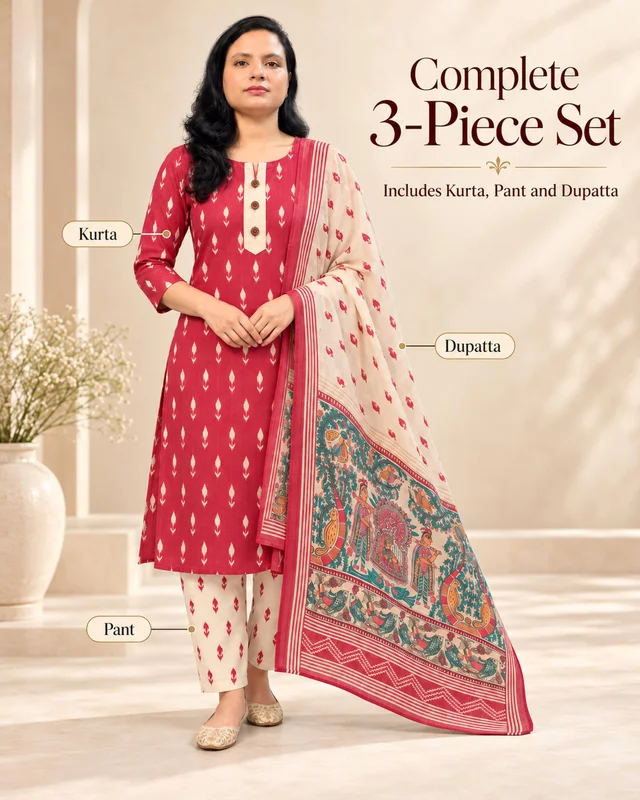 BONCLAIRE Brick Red Cotton Kurta Pant Set with Muslin Dupatta for Women (3-Piece) - XXL, Brick Red