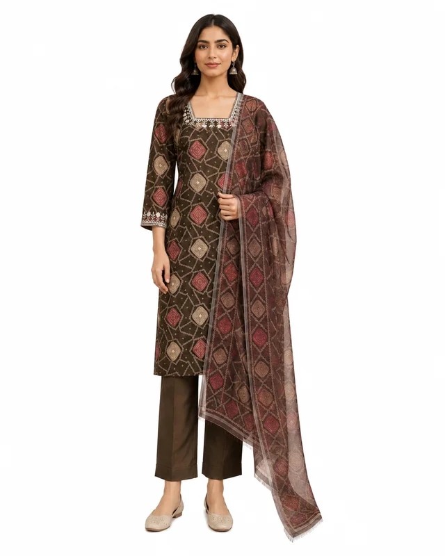 BONCLAIRE Festive Viscose Silk 3 Piece Kurta Pant Set with Chanderi Dupatta for Women - XL, brown