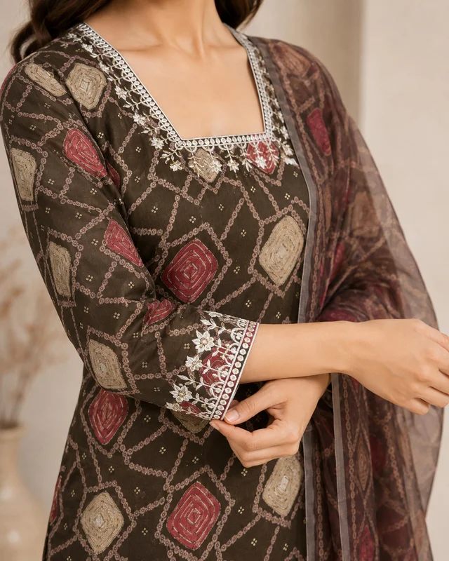 BONCLAIRE Festive Viscose Silk 3 Piece Kurta Pant Set with Chanderi Dupatta for Women - XL, brown