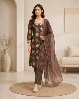 BONCLAIRE Festive Viscose Silk 3 Piece Kurta Pant Set with Chanderi Dupatta for Women - XL, brown