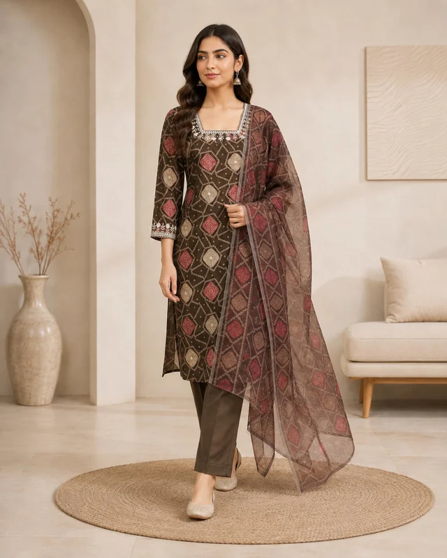 BONCLAIRE Festive Viscose Silk 3 Piece Kurta Pant Set with Chanderi Dupatta for Women - XL, brown