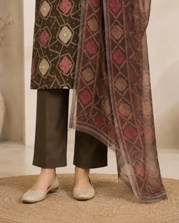 BONCLAIRE Festive Viscose Silk 3 Piece Kurta Pant Set with Chanderi Dupatta for Women - XL, brown