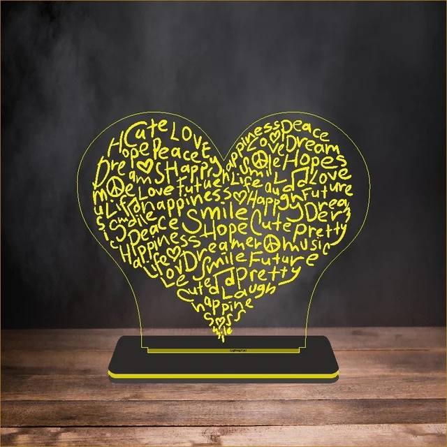 Heart Shape LED Table Lamp | Warm White Acrylic Table Lamp | Love Word Engraved Design | AC Powered | 7.5 x 6 Inch Approx