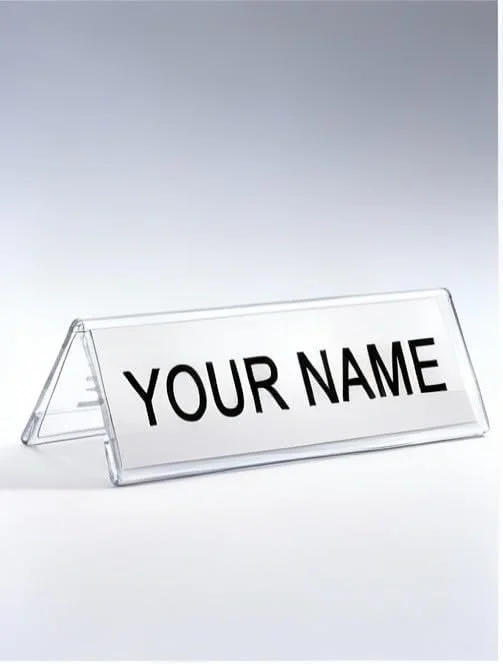 Clear Acrylic Desk Name Plate Holder V-Shaped Display Stand for Name Plates, Table Place Cards, Signs & Labels – Reusable for Office, Business, Weddings, Restaurants & Schools