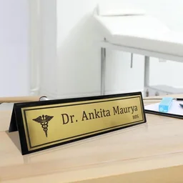 Customized Name Plate for Office Desk (10x2.5 Inch) - Premium Acrylic Table Top Name Board with Logo - Personalized Gift for Boss, Doctor, Lawyer, Teacher - Custom Text Both Sides Available - Golden