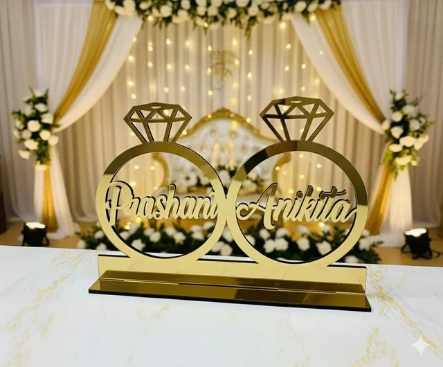 AgnivDecors Customized Golden Mirror Acrylic Name Plate | Personalized Couple Gift | Engagement Wedding Ring Design with Names | Anniversary & Home Decor Showpiece