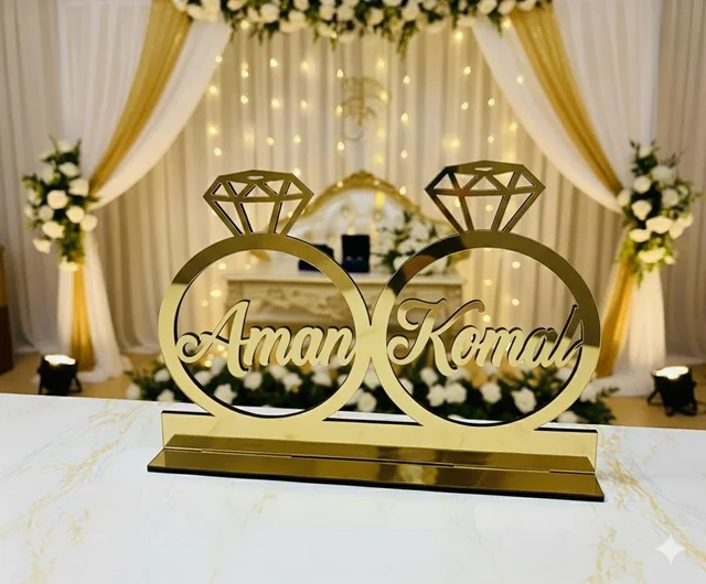 AgnivDecors Customized Golden Mirror Acrylic Name Plate | Personalized Couple Gift | Engagement Wedding Ring Design with Names | Anniversary & Home Decor Showpiece