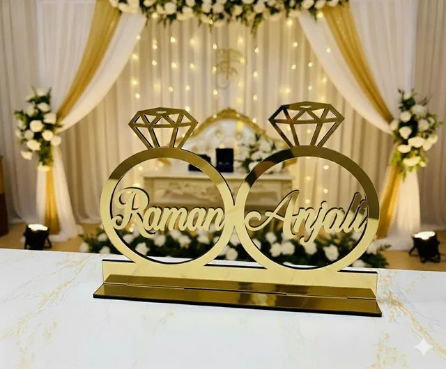 AgnivDecors Customized Golden Mirror Acrylic Name Plate | Personalized Couple Gift | Engagement Wedding Ring Design with Names | Anniversary & Home Decor Showpiece