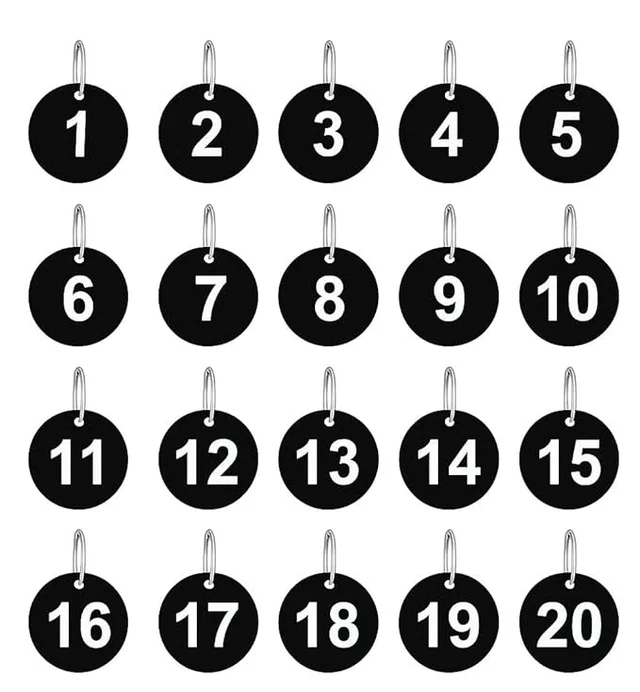 1.5 Inch Round Numbered Keychain with Marking | Durable Black Plastic Number Tags with Metal Keyring | Numbered 1-20 | Ideal for Lockers, Keys, Tables, Bags, and More
