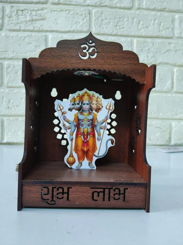 Wooden Temple for Home, Shop & Office | God Idol Mandir | LED Lighted Pooja Mandir for Ganesh, Lakshmi, Ram Darbar, Shiv Parivar, Khatu Shyam Ji - Panchmukhi Hanuman Ji