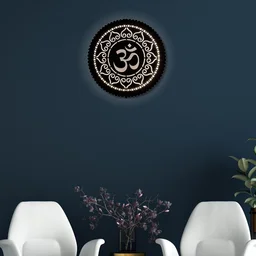 Wooden Om Wall Decor with LED Light for Living Room & Pooja Room | Spiritual Wall Hanging Decoration | Temple & Home Decor Items | Decorative Wall Light for Mandir