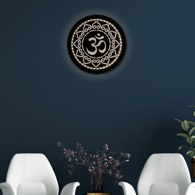 Wooden Om Wall Decor with LED Light for Living Room & Pooja Room | Spiritual Wall Hanging Decoration | Temple & Home Decor Items | Decorative Wall Light for Mandir