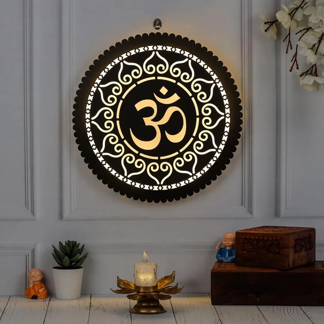 Wooden Om Wall Decor with LED Light for Living Room & Pooja Room | Spiritual Wall Hanging Decoration | Temple & Home Decor Items | Decorative Wall Light for Mandir