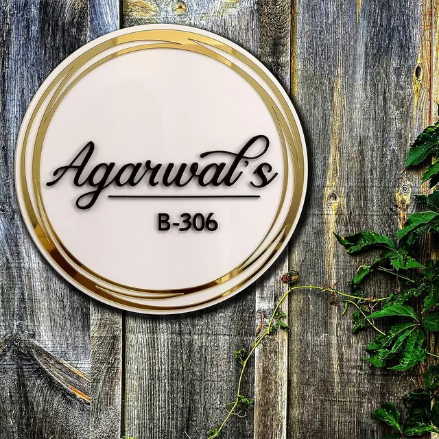 Personalized Name Plate for Home Entrance Outdoor - Acrylic Body, Waterproof | Designer Door Plates for Flat, Bungalow & Apartment - Customized - 10x10 Inch, White & Golden