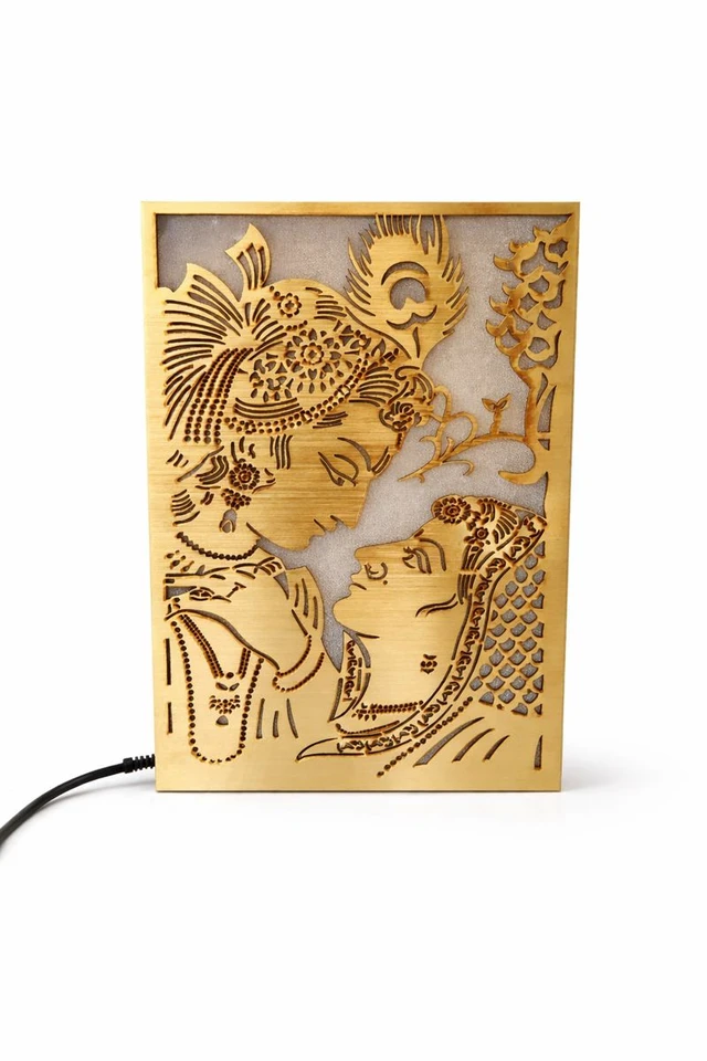 Radha Krishna Golden MDF Portrait Light Box | Laser Cut Decorative LED Lamp | Warm White Sparkle Light | Wooden Home Décor | 8 x 12 Inch approx