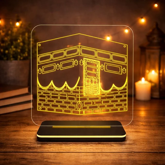 Islamic LED Table Lamp | Kaaba Design Acrylic Night Lamp | Warm White Light | AC Powered | Home & Prayer Room Décor