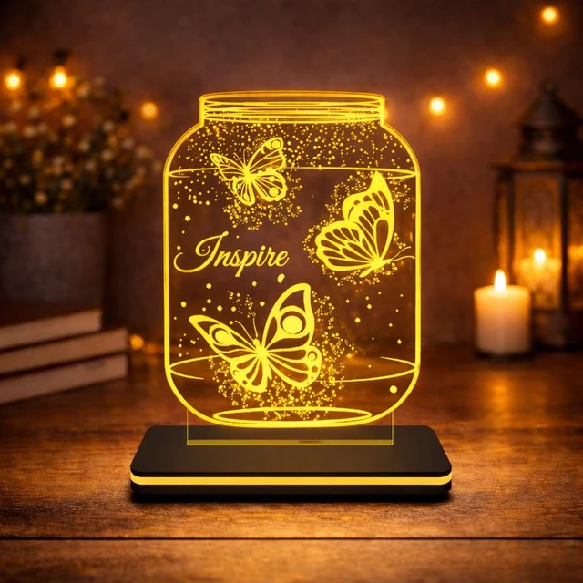 Inspire Butterfly LED Table Lamp | Acrylic Jar Design Night Lamp | Warm White Light | AC Powered | 6 x 5 Inch Approx