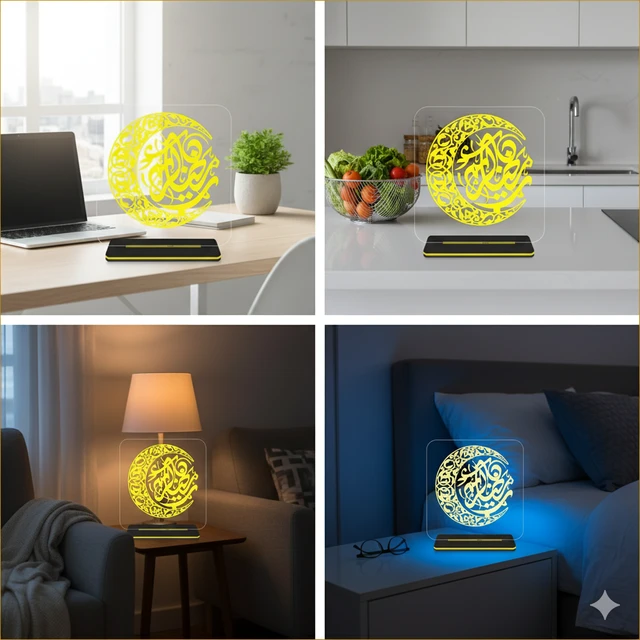 Islamic LED Table Lamp | Crescent Moon Arabic Calligraphy Acrylic Night Lamp | Warm White Light | AC Powered | Home & Prayer Room Décor