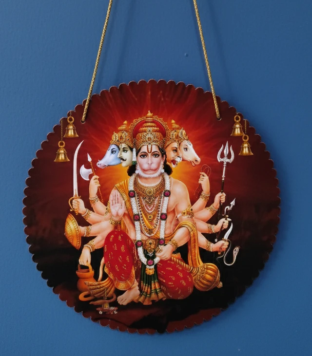 Hanuman Ji Wall Hanging | Panchmukhi Hanuman Ji | Hanuman Ji Photo | Hanuman JI Wall Art | Hanuman Ji Wall Decoration - 8 Inch, Panch Mukhi Hanuman Round Foral